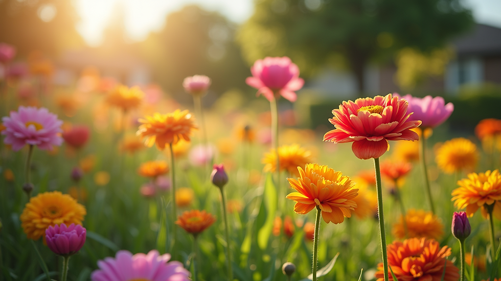 Eye-level view of a sunny garden with blooming flowers
