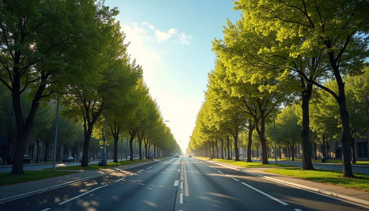 Close-up view of a sunlit tree-lined street under clear blue sky