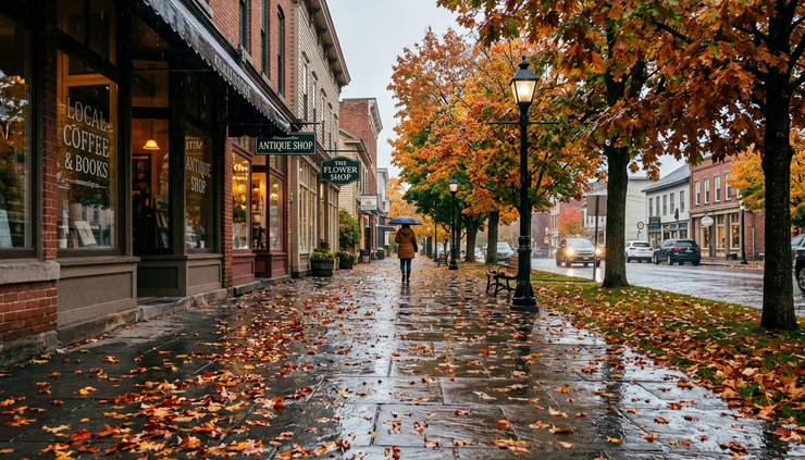 Eye-level view of light rain on an autumn sidewalk with scattered leaves