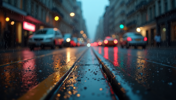 Close-up view of raindrops falling on a wet street with reflections of streetlights