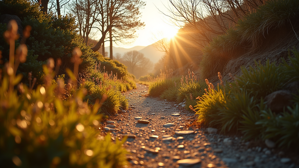 Wide angle view of a hiking trail bathed in sunlight