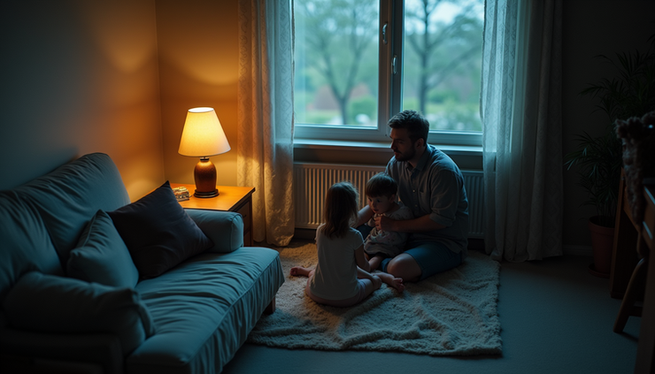 High angle view of a family taking shelter in an interior room during a storm