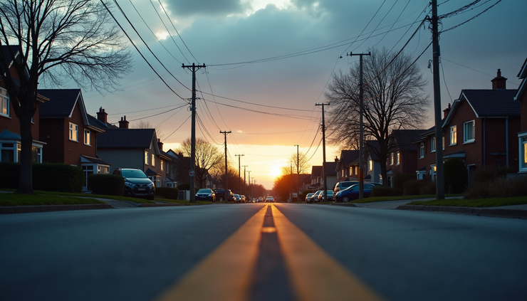 Eye-level view of cloudy sky over a quiet suburban street