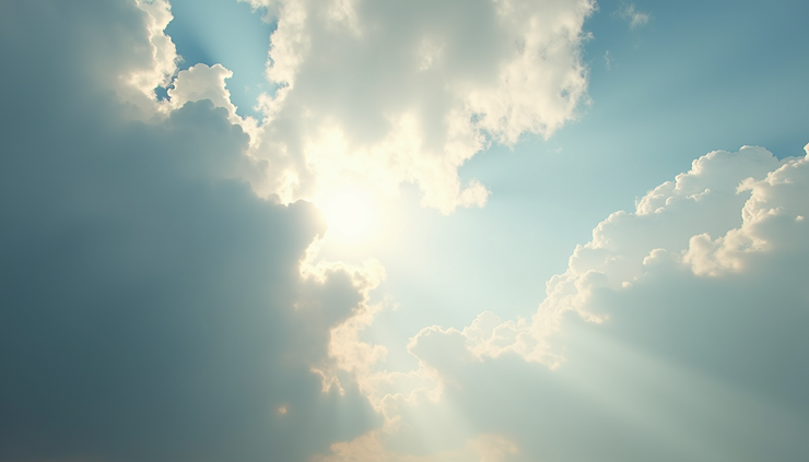 High angle view of a partly cloudy sky with sun breaking through