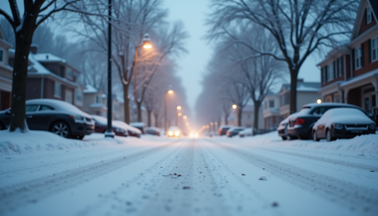 Eye-level view of snow-covered street with light snow falling