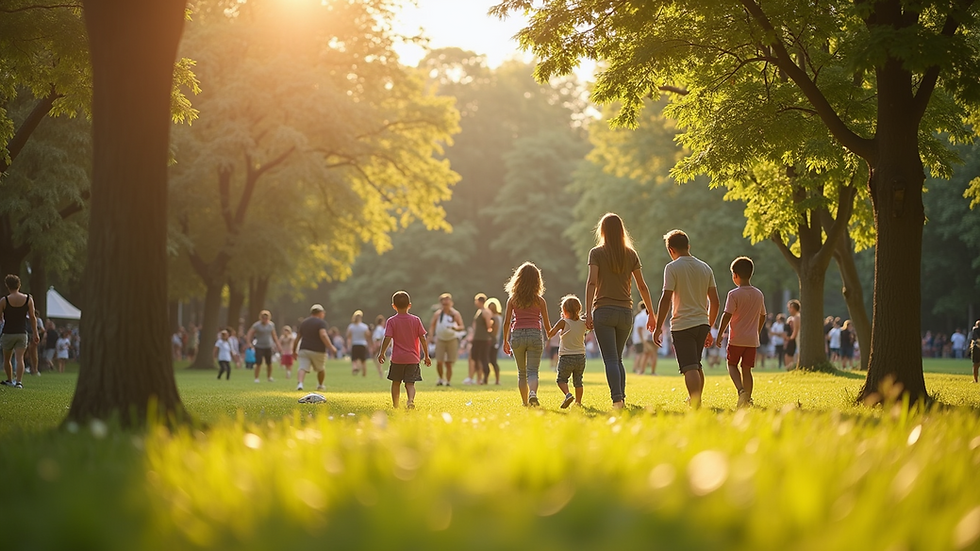 High angle view of a sunny park with families enjoying the day