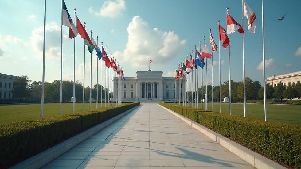 High angle view of a government building with flags