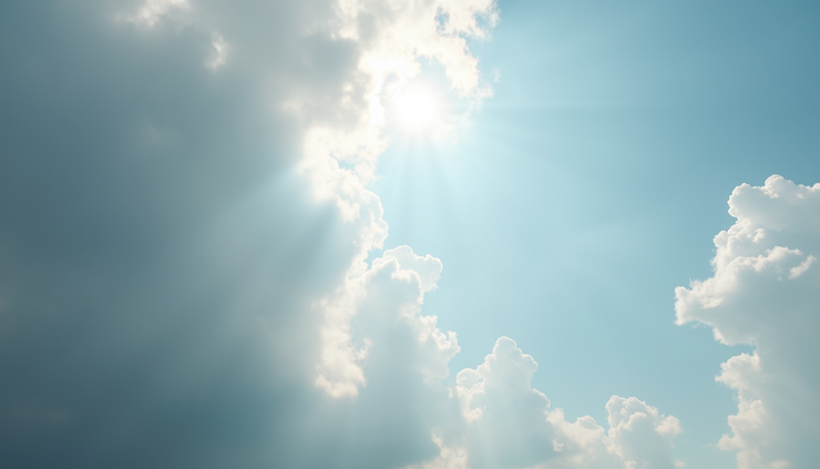 High angle view of a cloudy sky with patches of sunlight