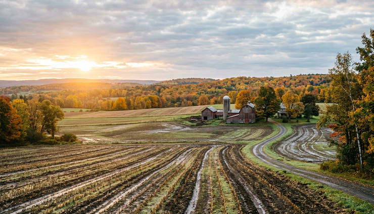 Wide-angle view of sunlight returning over wet fields and fall trees.