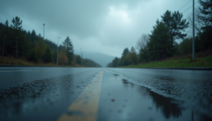 High angle view of wet pavement and cloudy sky after rain