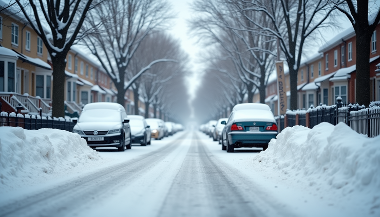 Eye-level view of a snow-covered residential street with parked cars and snowbanks