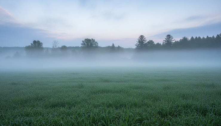Low-angle view of morning fog resting over a damp field near a tree line.