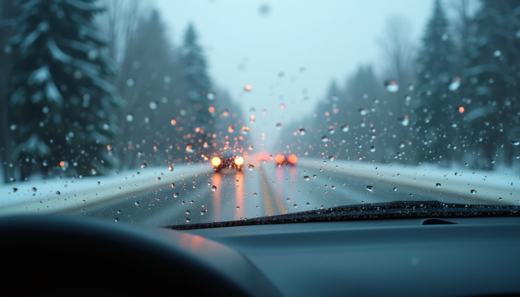 Close-up view of a car windshield with freezing rain droplets in the northern Finger Lakes region