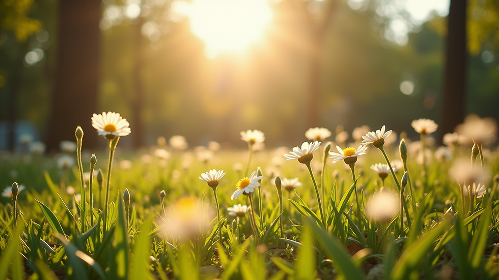 Wide angle view of a sunny park with blooming flowers