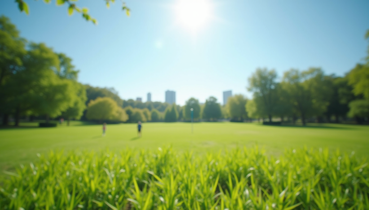 High angle view of a sunlit park with green grass and clear blue sky