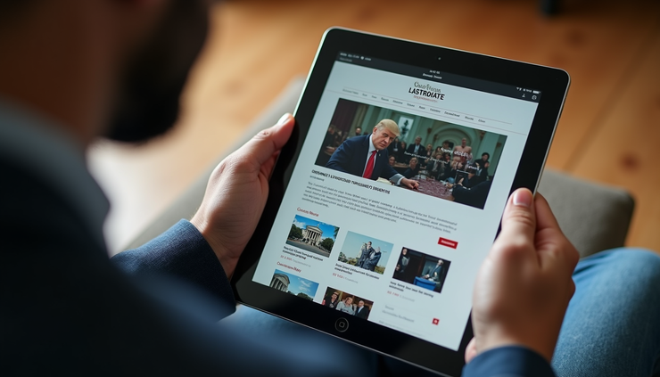 High angle view of a person reading a news website on a tablet