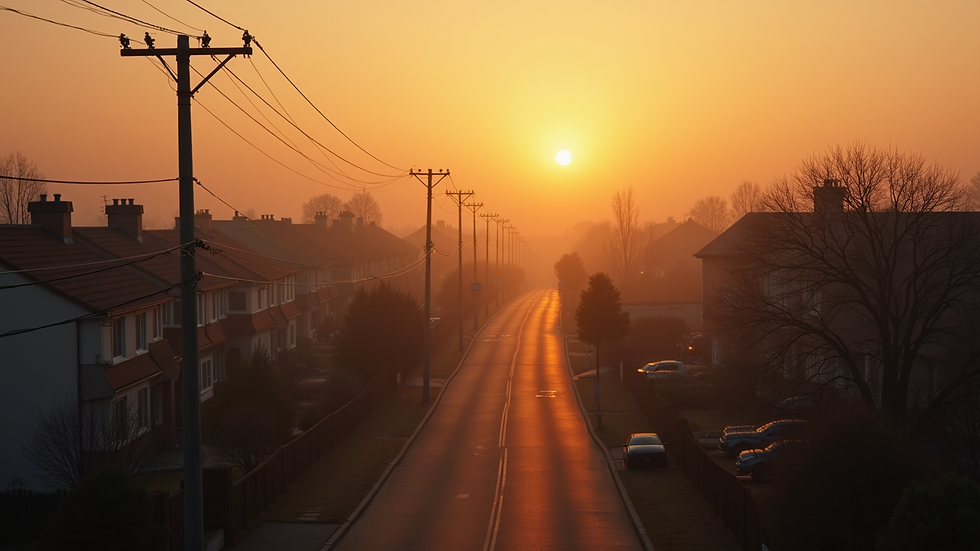 High angle view of a hazy sunset over a quiet neighborhood.