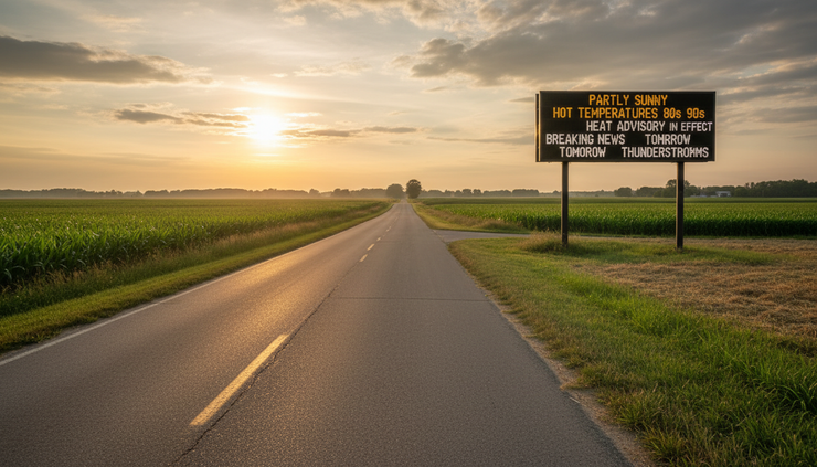 Wide-angle view of a sunny rural road in Central New York under a warm late-day sky.