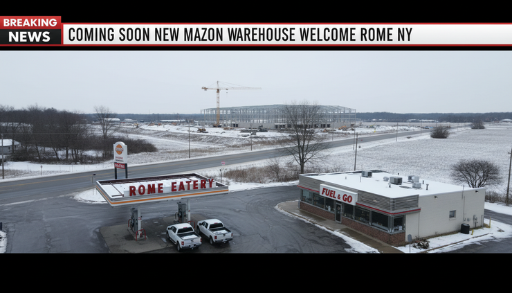 High-angle view of a quiet Rome NY commercial strip near an industrial area.