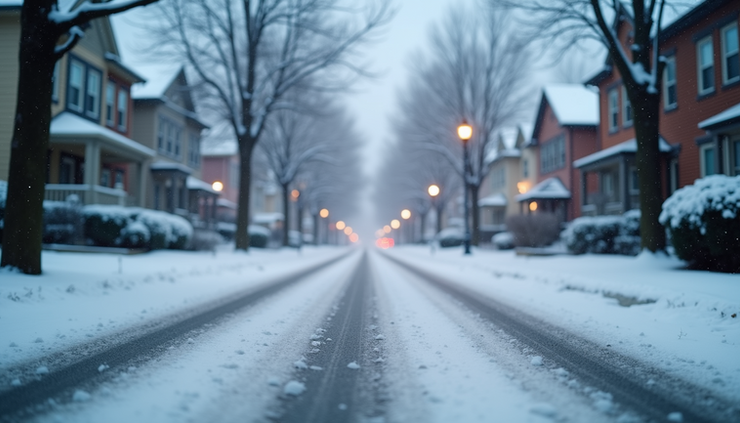 Eye-level view of snow-covered street with light snow falling