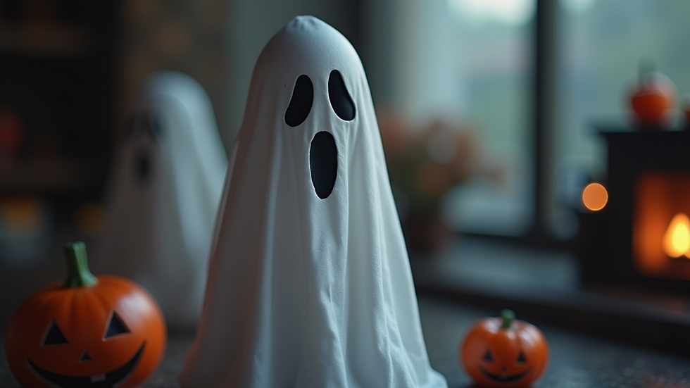 Close-up view of a spooky Halloween decoration featuring a ghost