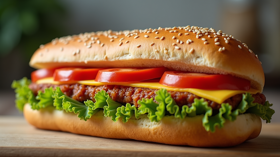 Close-up view of a freshly made submarine sandwich with vibrant ingredients