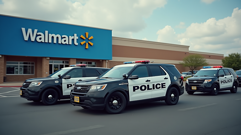 Close-up view of police vehicles outside Walmart during the incident