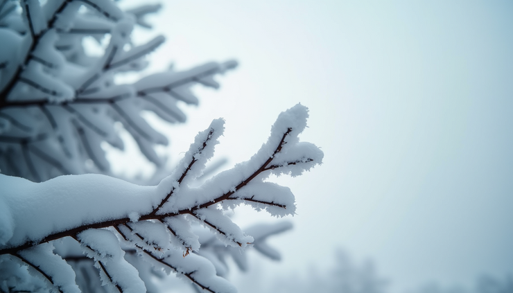 Close-up view of snow-covered tree branches with cloudy sky