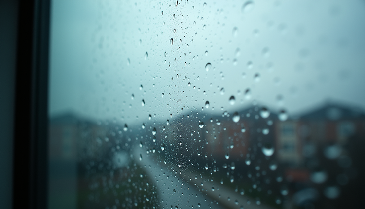 Close-up view of raindrops on a window with a cloudy sky outside