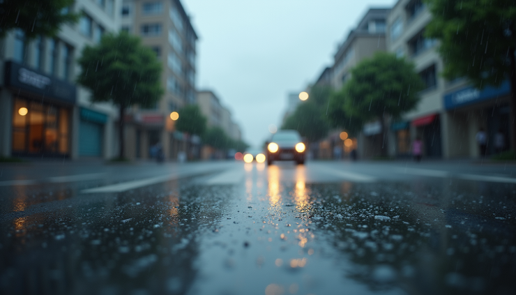 Eye-level view of raindrops falling on a wet street with cloudy sky