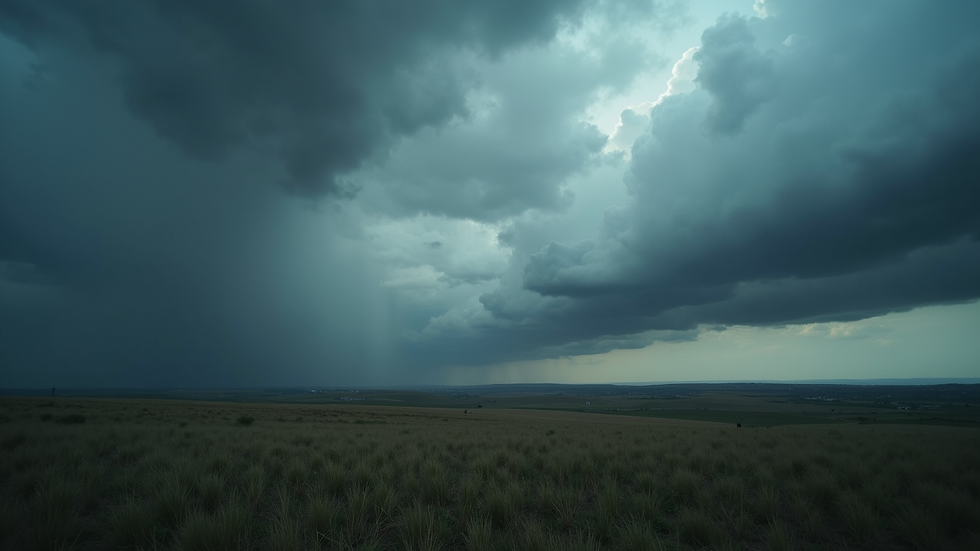 Wide angle view of a stormy sky with dark clouds over a landscape