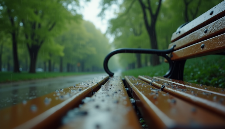 Eye-level view of a park bench wet from rain with green trees in the background