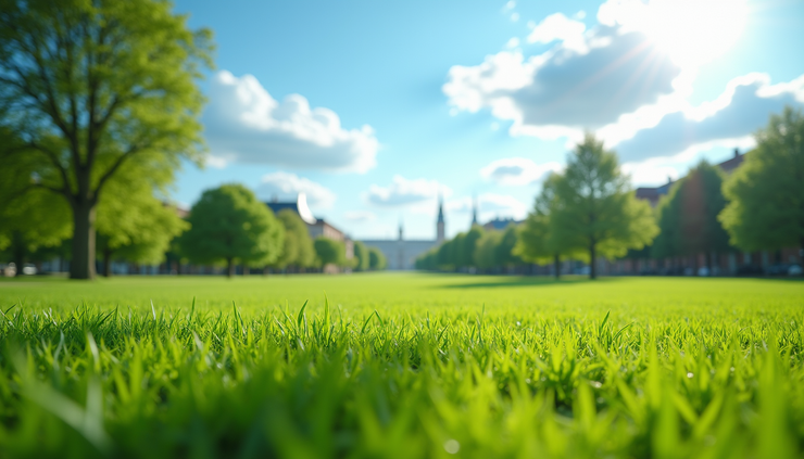 High angle view of a sunny park with green grass and blue sky
