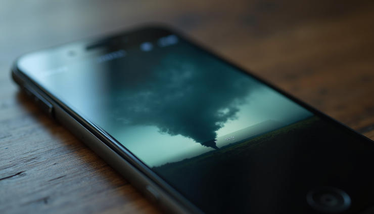 Close-up view of a weather alert on a smartphone screen showing tornado watch details