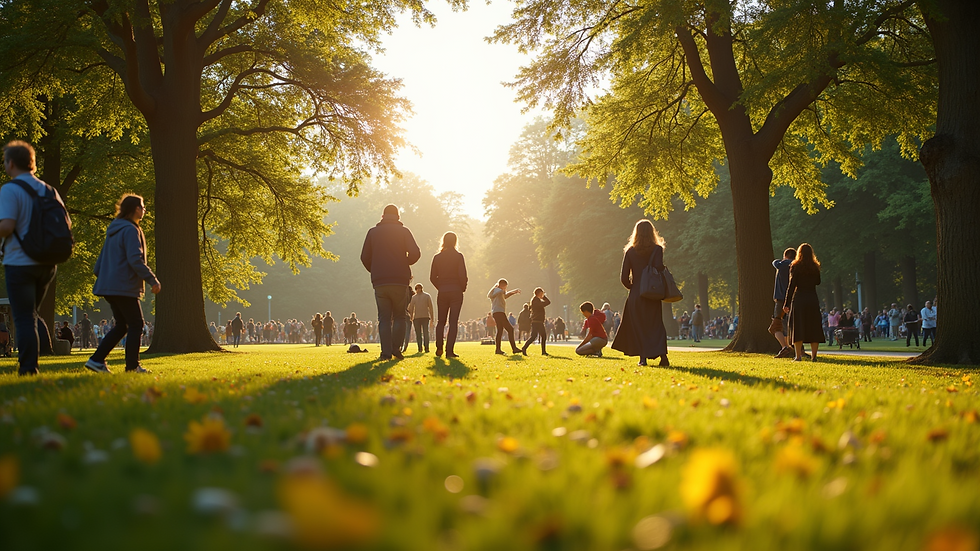 Eye-level view of a sunny park with people enjoying the outdoors