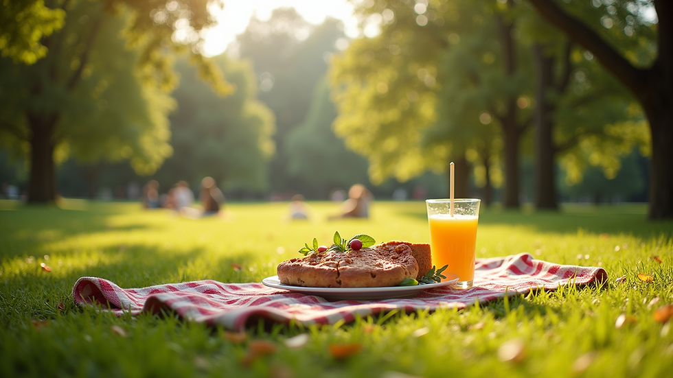 Wide angle view of sunny park with picnic setup
