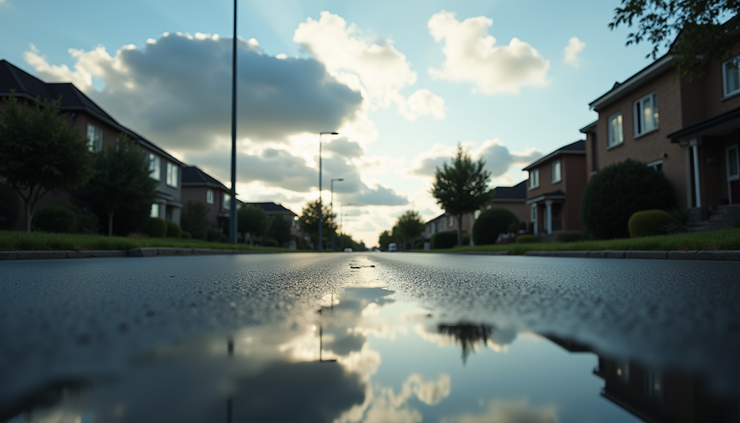 Eye-level view of a partly cloudy sky over a suburban street with light rain puddles
