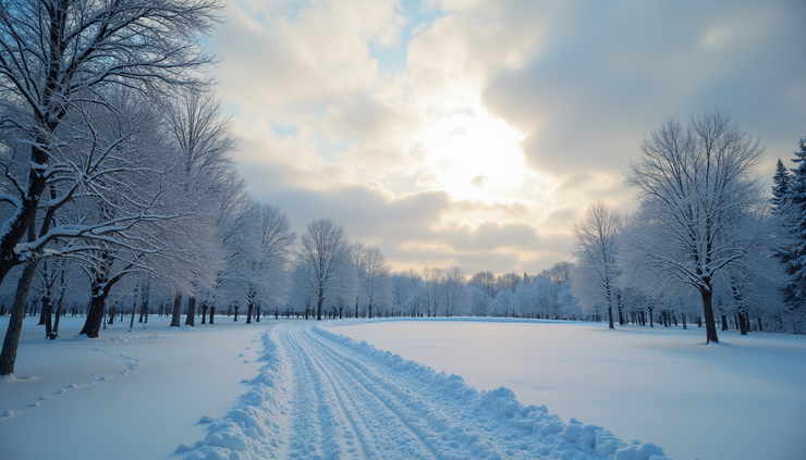 High angle view of snow-covered park with cloudy sky in late afternoon