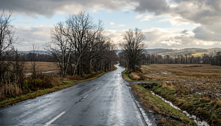 Wide-angle view of a wet rural road under breaking clouds in central New York.