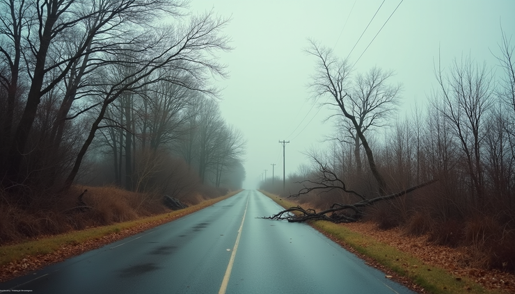 Wide angle view of a rural road with fallen branches scattered by strong winds