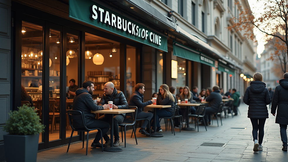 Eye-level view of a Starbucks store with a busy outdoor seating area