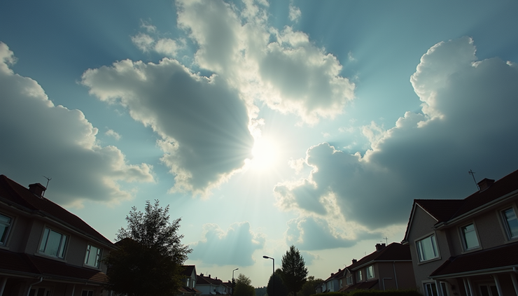Eye-level view of partly cloudy sky with sun breaking through clouds over a suburban neighborhood