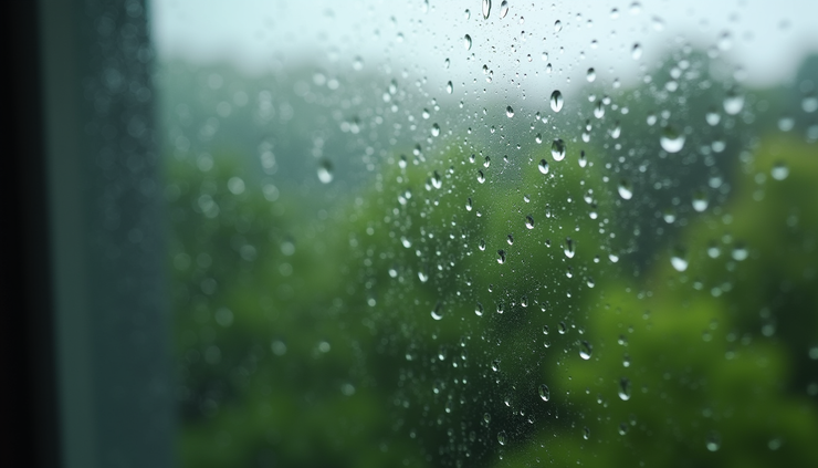 Close-up view of raindrops on a window with blurred trees outside