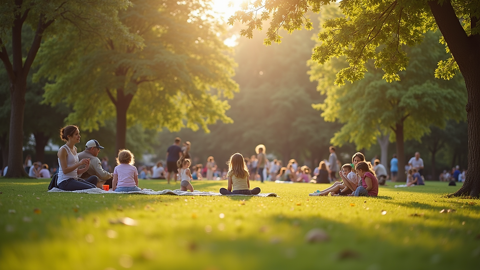 Eye-level view of a sunny park with people enjoying a picnic
