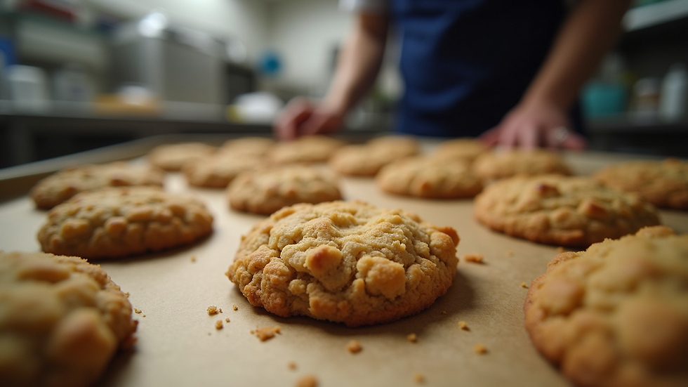 Eye-level view of a fresh batch of Crumbl Cookies being baked