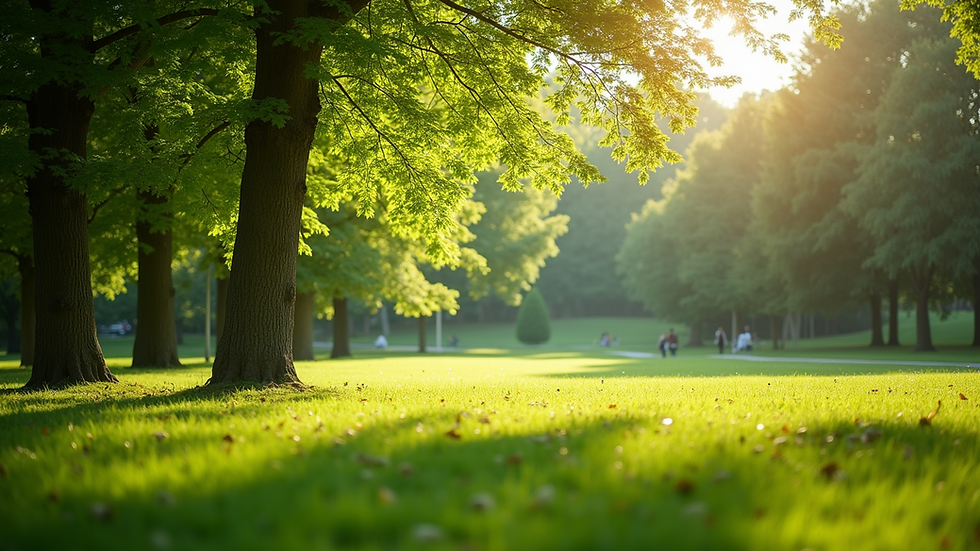 Eye-level view of a sunny park with green grass and trees