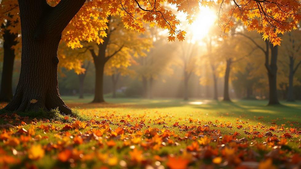 Eye-level view of a sunny park with trees shedding leaves