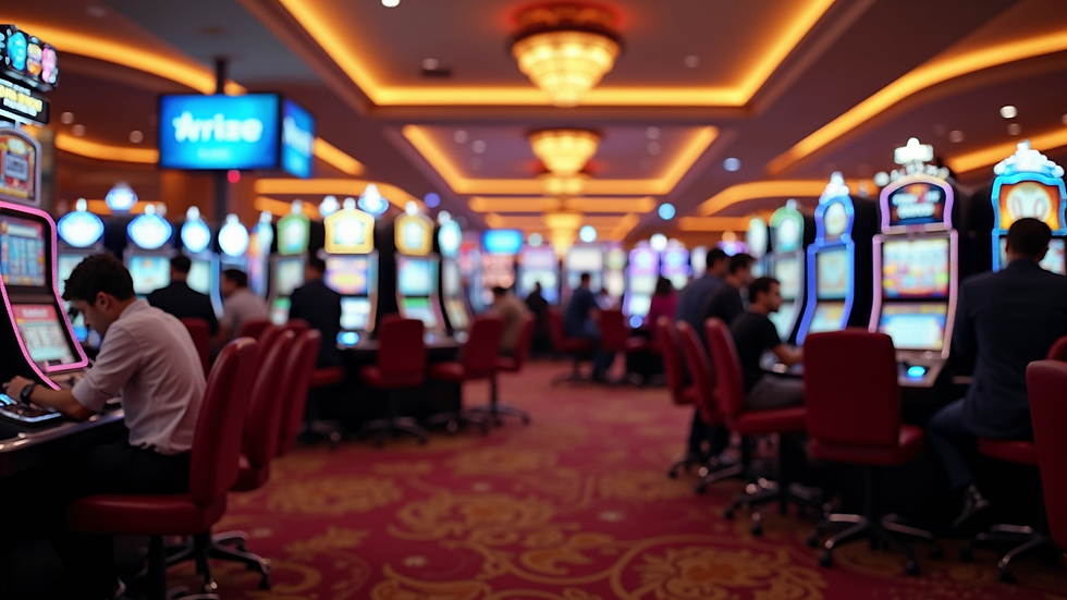 Wide angle view of a crowded gaming floor at a casino with patrons playing games