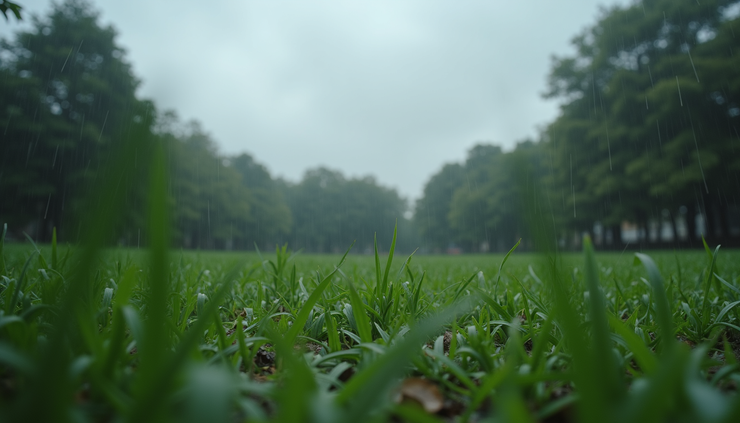 High angle view of a park with wet grass and cloudy sky after rain