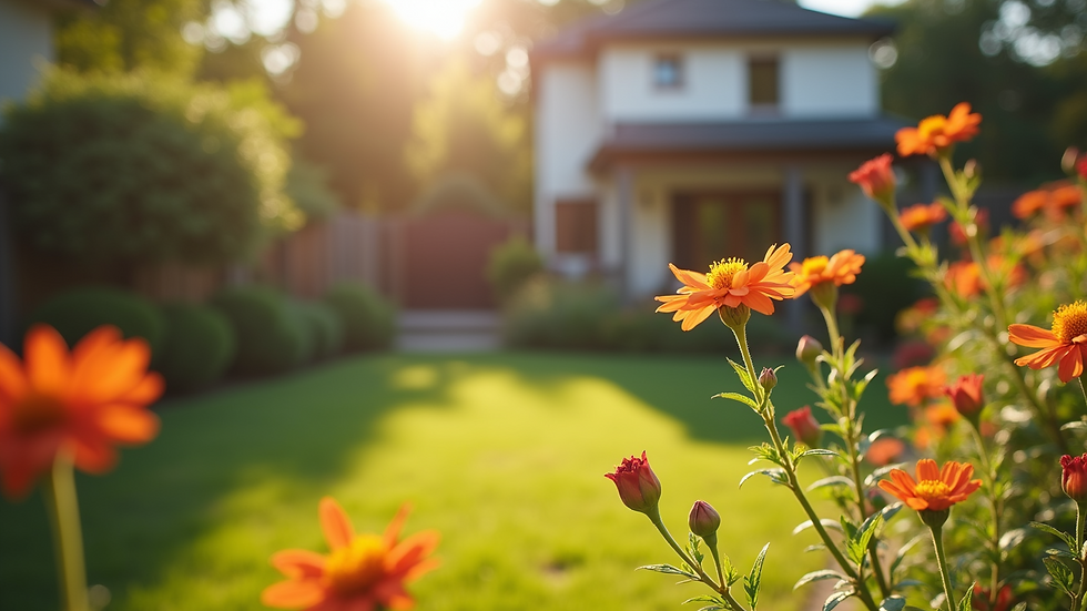 High angle view of a sunny backyard with blooming flowers